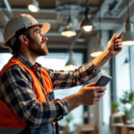 A photograph of a lighting contractor inspecting a well-lit commercial space