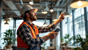 A photograph of a lighting contractor inspecting a well-lit commercial space
