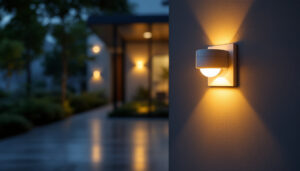 A photograph of a well-lit indoor or outdoor space featuring a sensor switch lighting installation in action