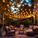 A photograph of a beautifully lit outdoor patio scene featuring a variety of string lights elegantly draped overhead