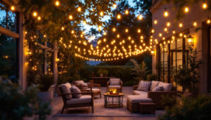 A photograph of a beautifully lit outdoor patio scene featuring a variety of string lights elegantly draped overhead