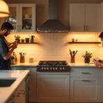 A photograph of a beautifully illuminated kitchen with under-cabinet lighting highlighting the countertops