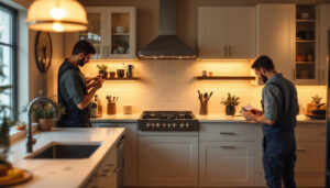A photograph of a beautifully illuminated kitchen with under-cabinet lighting highlighting the countertops