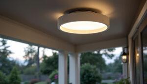 A photograph of a stylish outdoor flush mount ceiling light installed in a beautifully landscaped patio or porch setting