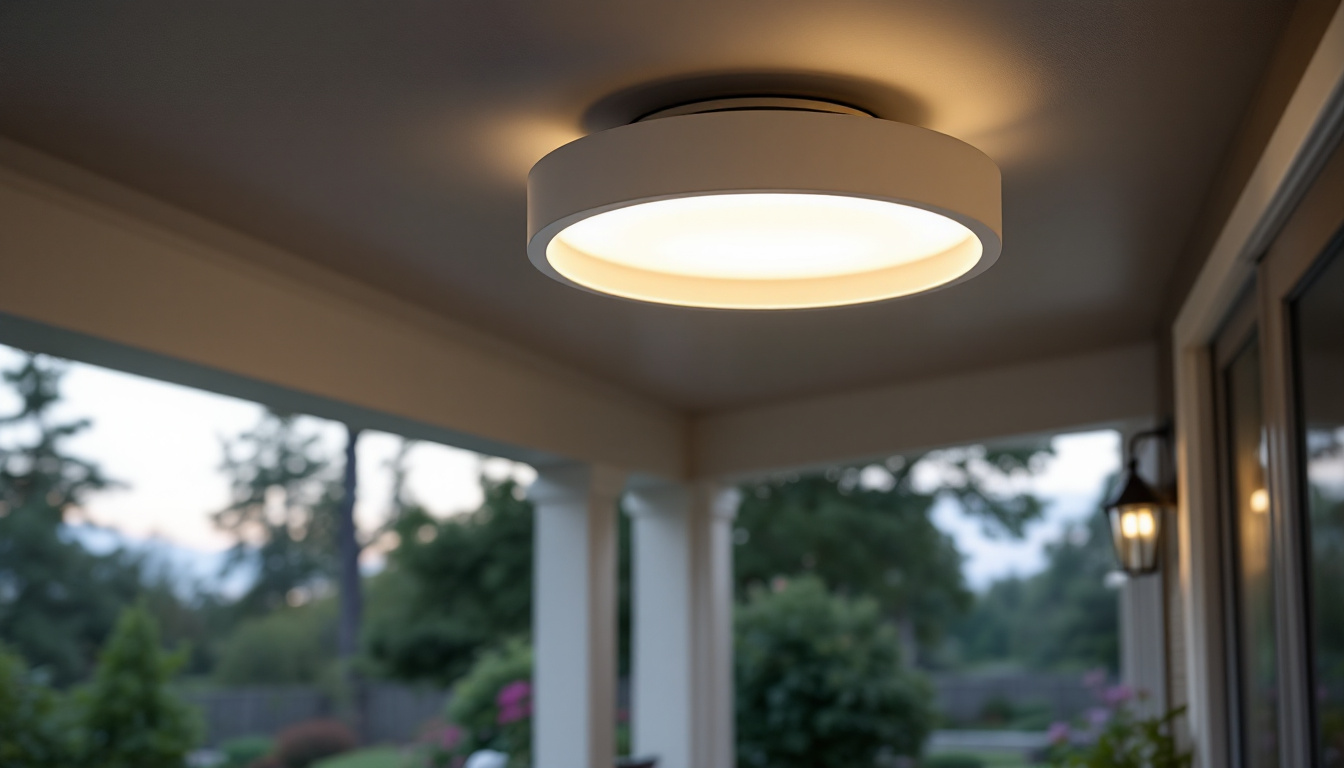 A photograph of a stylish outdoor flush mount ceiling light installed in a beautifully landscaped patio or porch setting