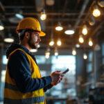 A photograph of a lighting contractor inspecting a well-lit commercial space
