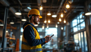 A photograph of a lighting contractor inspecting a well-lit commercial space