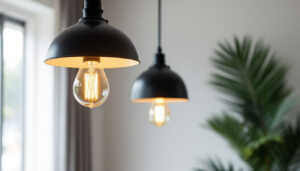 A photograph of a stylish light pendant installation in a modern interior setting