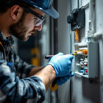 A photograph of a skilled lighting contractor working on an electrical junction box extension