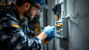 A photograph of a skilled lighting contractor working on an electrical junction box extension