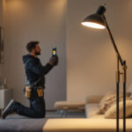 A photograph of a stylish floor lamp in a well-lit