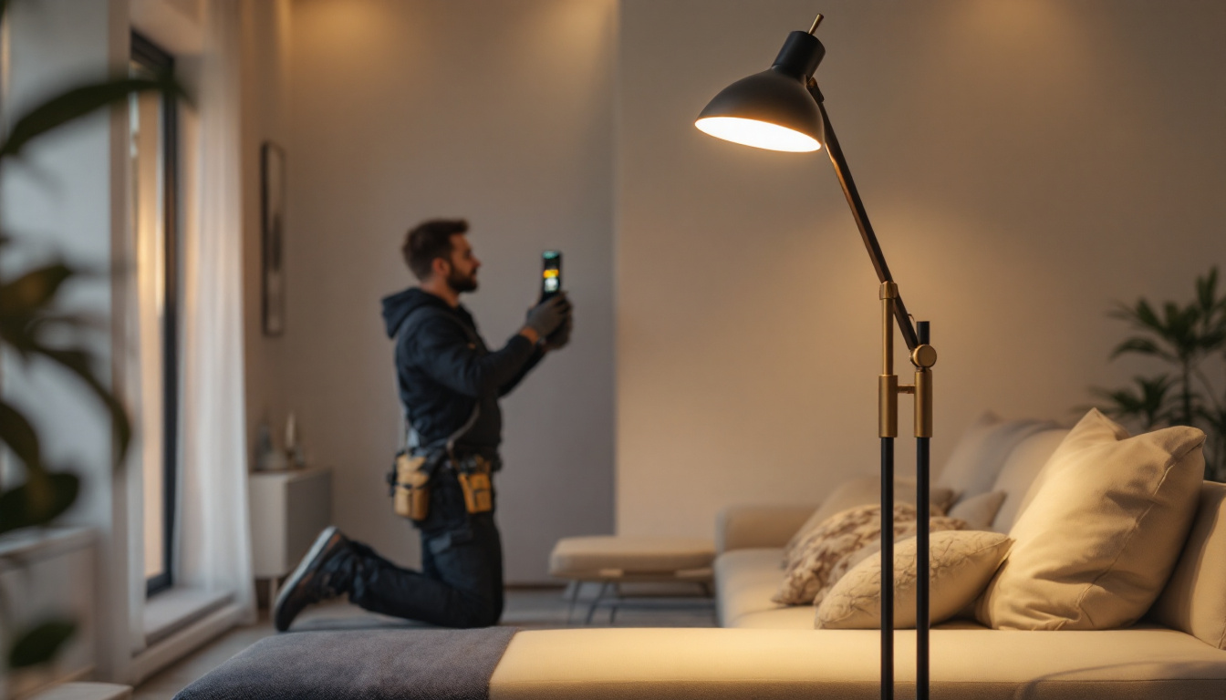 A photograph of a stylish floor lamp in a well-lit