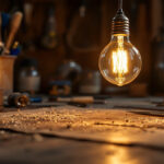 A photograph of a vintage-style workshop scene featuring an illuminated edison-style light bulb