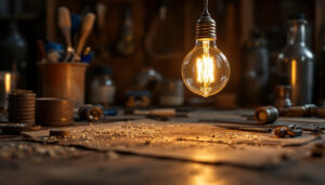 A photograph of a vintage-style workshop scene featuring an illuminated edison-style light bulb