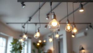A photograph of a well-lit interior space featuring various styles of track lighting installations