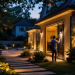 A photograph of a well-lit outdoor space featuring led motion detector lights in action
