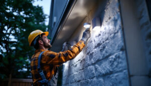 A photograph of a lighting contractor installing solar lights in a residential setting