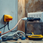 A photograph of a lighting contractor in action