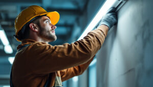A photograph of a skilled lighting contractor expertly installing or adjusting fluorescent tube lights in a well-lit commercial space