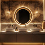 A photograph of a beautifully designed vanity bathroom featuring stylish lighting fixtures that enhance the ambiance