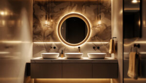 A photograph of a beautifully designed vanity bathroom featuring stylish lighting fixtures that enhance the ambiance