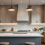 A photograph of a beautifully designed kitchen featuring modern flush mount ceiling lights