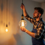 A photograph of a stylish modern pendant lamp elegantly illuminated in a contemporary interior setting
