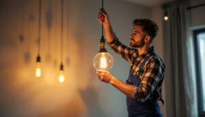 A photograph of a stylish modern pendant lamp elegantly illuminated in a contemporary interior setting