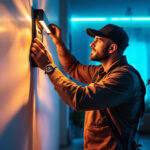 A photograph of a skilled lighting contractor expertly installing or adjusting modern indoor led lights in a stylish