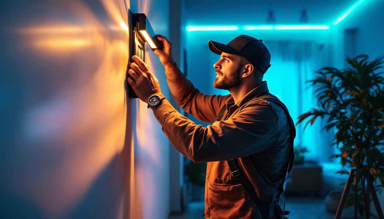 A photograph of a skilled lighting contractor expertly installing or adjusting modern indoor led lights in a stylish