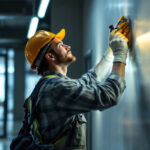 A photograph of a lighting contractor at work