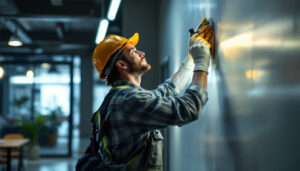 A photograph of a lighting contractor at work