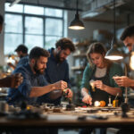 A photograph of a well-lit workshop scene where a diverse group of team members is actively engaged in hands-on training