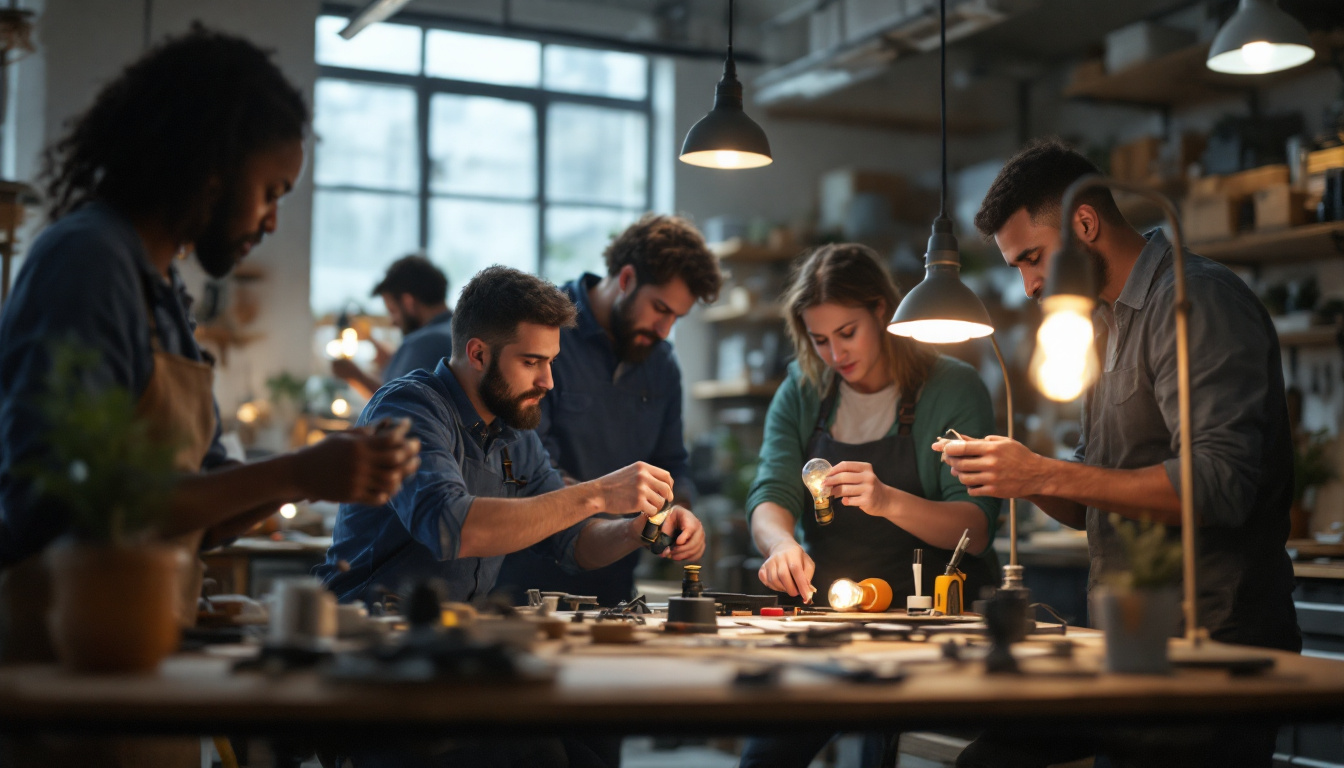 A photograph of a well-lit workshop scene where a diverse group of team members is actively engaged in hands-on training