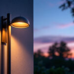 A photograph of a beautifully illuminated exterior space at dusk