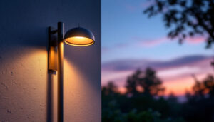 A photograph of a beautifully illuminated exterior space at dusk