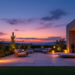 A photograph of a beautifully lit outdoor space transitioning from dusk to dawn