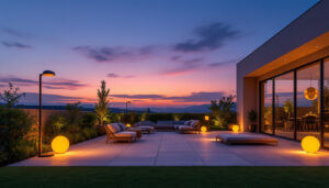 A photograph of a beautifully lit outdoor space transitioning from dusk to dawn