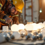 A photograph of a lighting contractor efficiently working on a job site