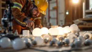 A photograph of a lighting contractor efficiently working on a job site