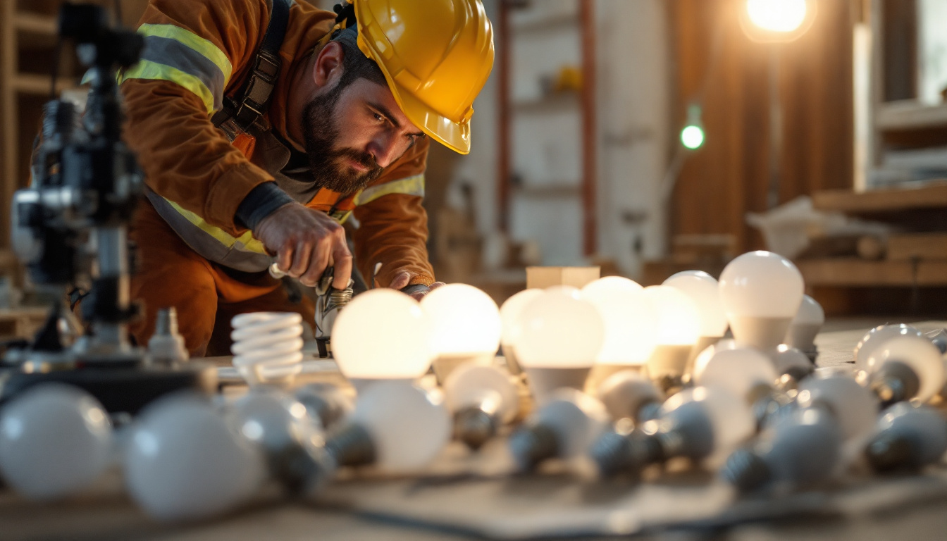 A photograph of a lighting contractor efficiently working on a job site