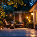 A photograph of a beautifully illuminated outdoor space showcasing big solar lights in action