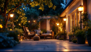 A photograph of a beautifully illuminated outdoor space showcasing big solar lights in action