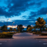 A photograph of a well-lit parking lot at dusk