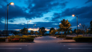 A photograph of a well-lit parking lot at dusk