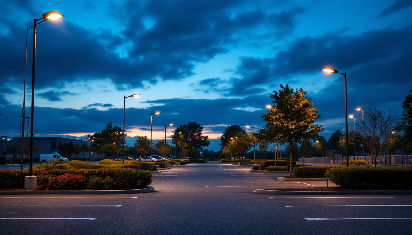 A photograph of a well-lit parking lot at dusk