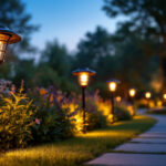 A photograph of a beautifully landscaped garden at dusk