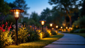 A photograph of a beautifully landscaped garden at dusk