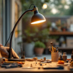 A photograph of a stylish gooseneck lamp illuminating an outdoor workspace