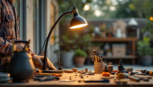 A photograph of a stylish gooseneck lamp illuminating an outdoor workspace